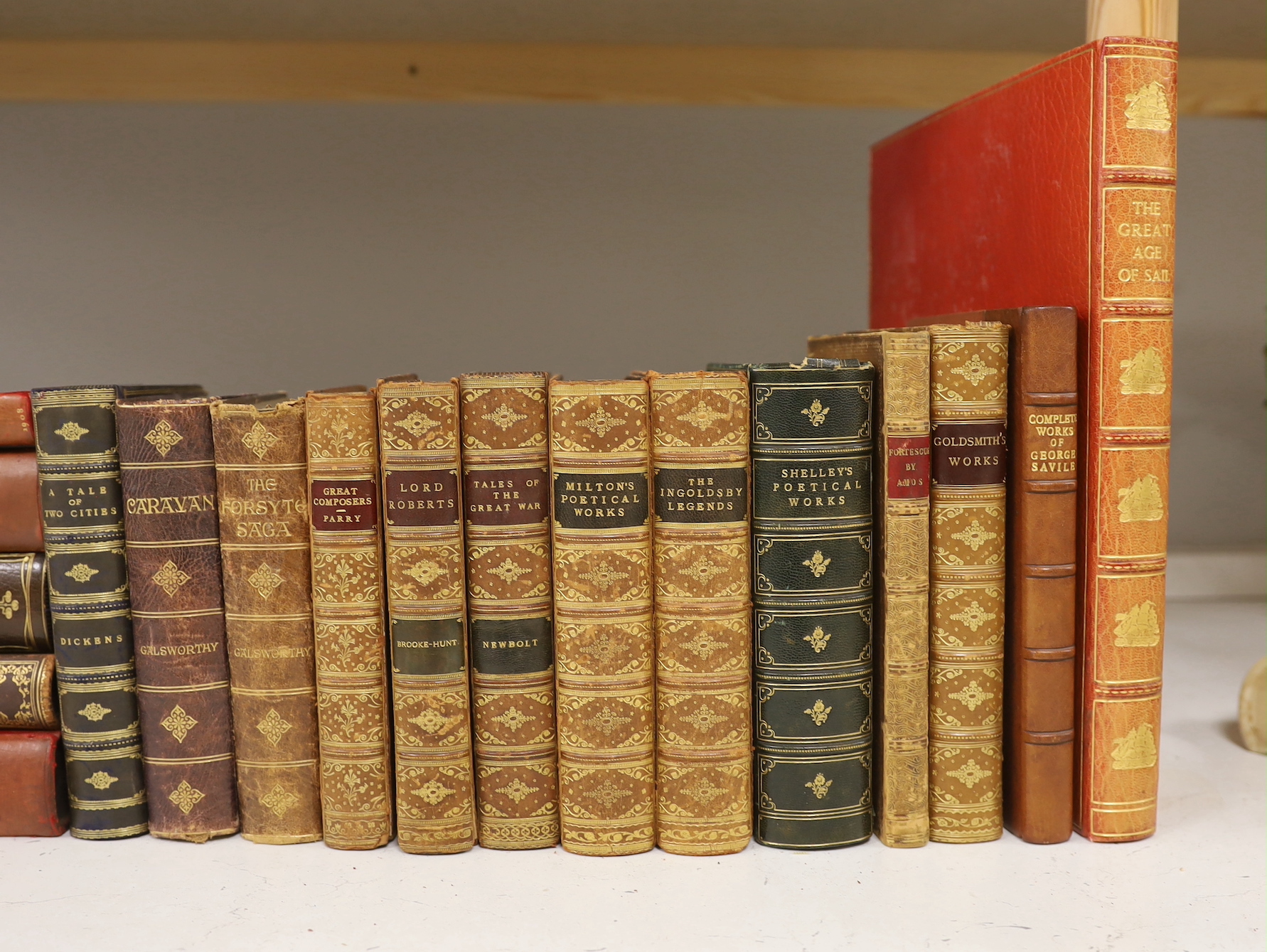 Eighteen volumes full calf leather bindings, including The Great Age of Sail, Shelley’s Poetical Works and other poetry volumes
